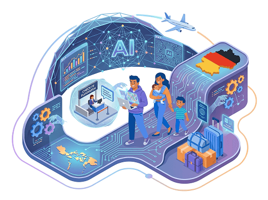 AI-powered relocation support — family navigating the process with digital tools